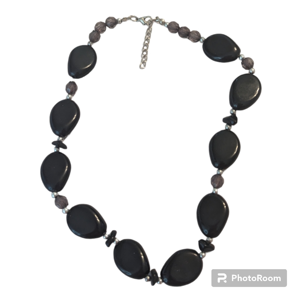 Vintage Faux Black Onyx W Gray & Silver Tone Beaded Adjustable Necklace